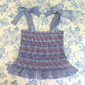 preppy blue smocked seersucker bow tie-shoulder ruffle striped tank top